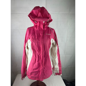 Women’s Columbia Full Zip Hooded Windbreaker Jacket Size Small Pink White EUC